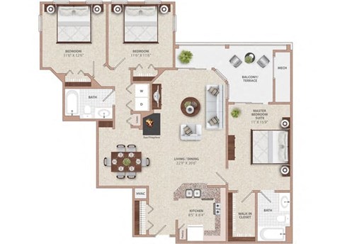 Floor plan for 3 beds, 2 baths, 1291 sqft